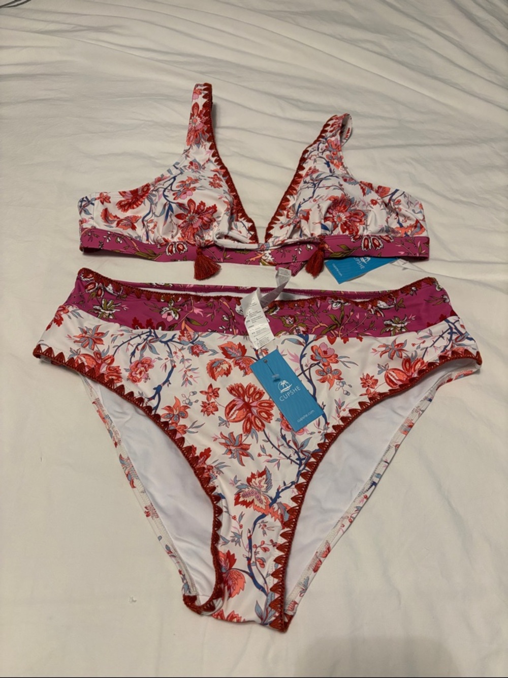 Cupshe Pink Floral Two-Piece Bikini with Rust Tassel Trim